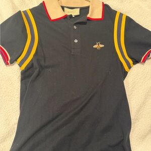 Gucci Navy Polo with Bee and Stripes